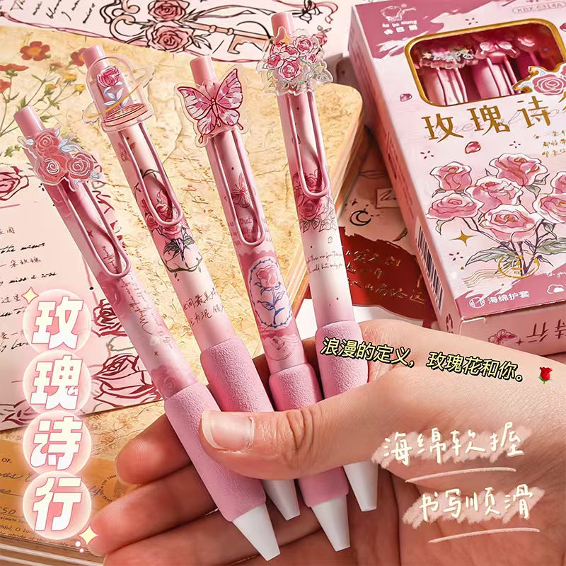 Acrylic Pencil Set (4 pieces): Cute rose girl design, pressure-sensitive pen, neutral color, student-friendly black pen, quick-drying.