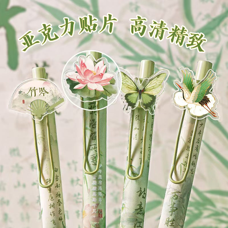 Acrylic Pencil Set (4 pieces): Cute rose girl design, pressure-sensitive pen, neutral color, student-friendly black pen, quick-drying.