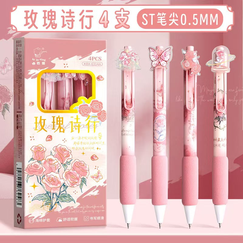 Acrylic Pencil Set (4 pieces): Cute rose girl design, pressure-sensitive pen, neutral color, student-friendly black pen, quick-drying.