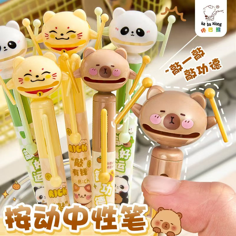 Fun Neutral Pen (Black), 0.5ml Large Capacity with Replaceable Cartridge, Cartoon Boxing Pen, Student Coffee Bear Pen